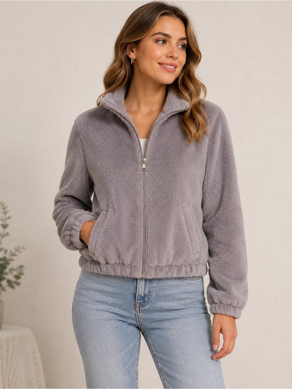 Cynthia Crowley Gray Faux Fur Plush Full Zip Bomber Jacket Coat Women’s M